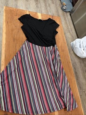 Black Top with Red & Multi-Stripe Midi Dress